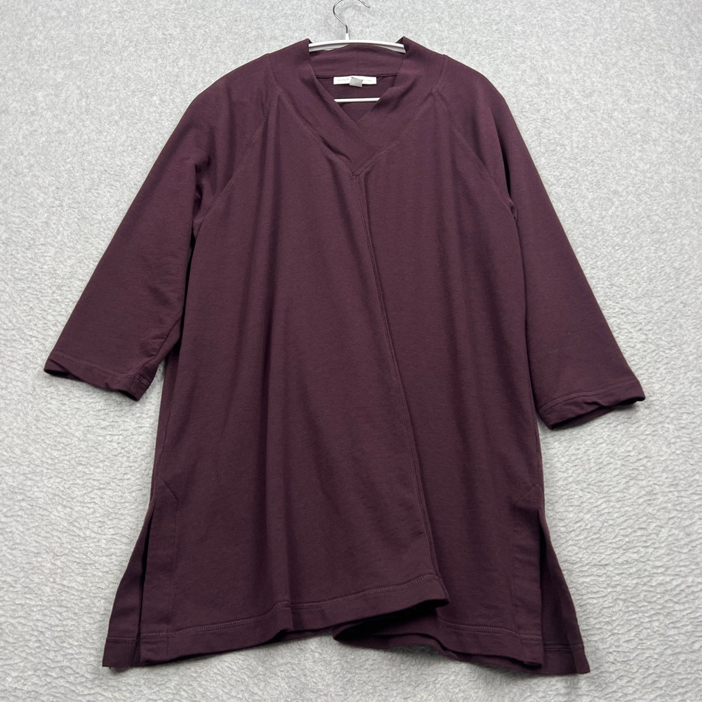 Pure Jill Affinity French Terry Tunic Women Large Purple V-Neck 3/4 Sleeve Slits